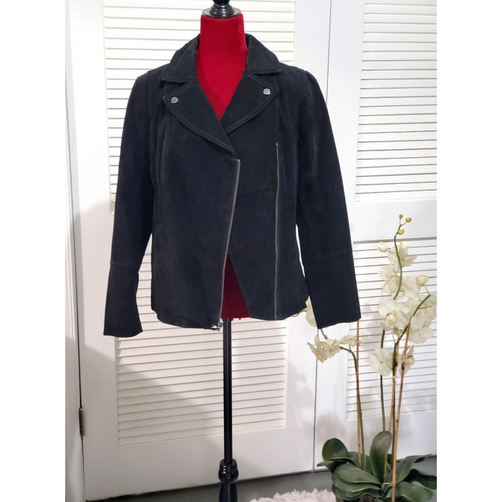 Isaac Mizrahi Women's Black Suede Leather Motorcycle Jacket Size 8 627 - Picture 3 of 13